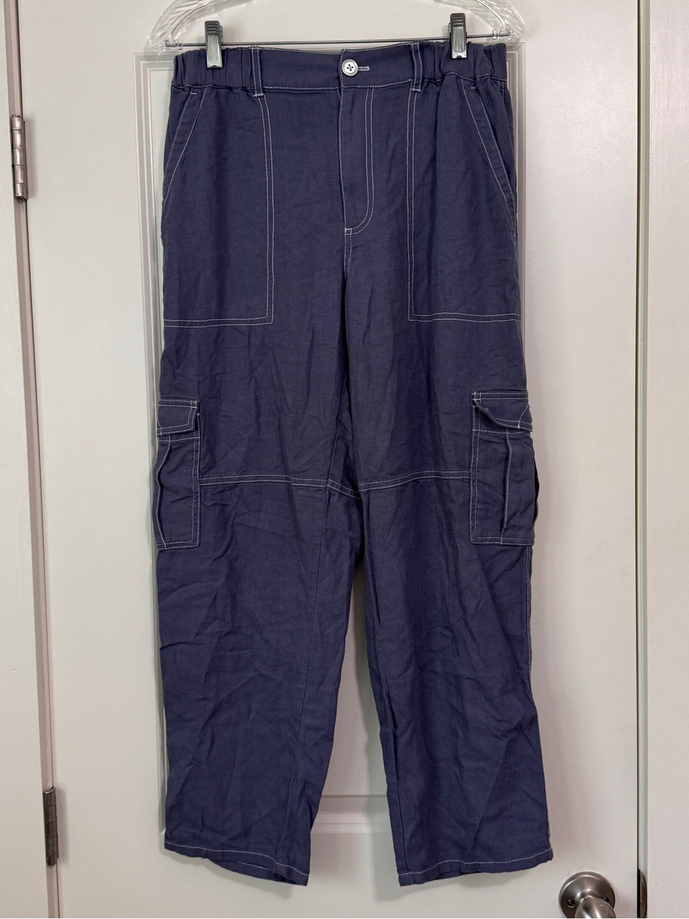 Pilcro Small Linen Blend Cargo Utility Pants Elastic Waist Wide Leg Pockets